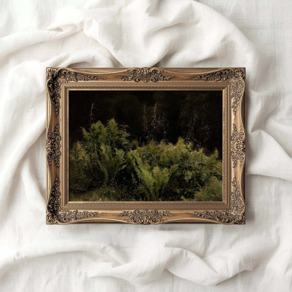 Dark Forest Ferns vintage oil painting wall art featuring rich green botanical foliage and moody forest tones.