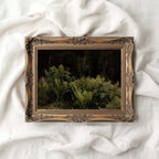Dark Forest Ferns vintage oil painting wall art featuring rich green botanical foliage and moody forest tones.