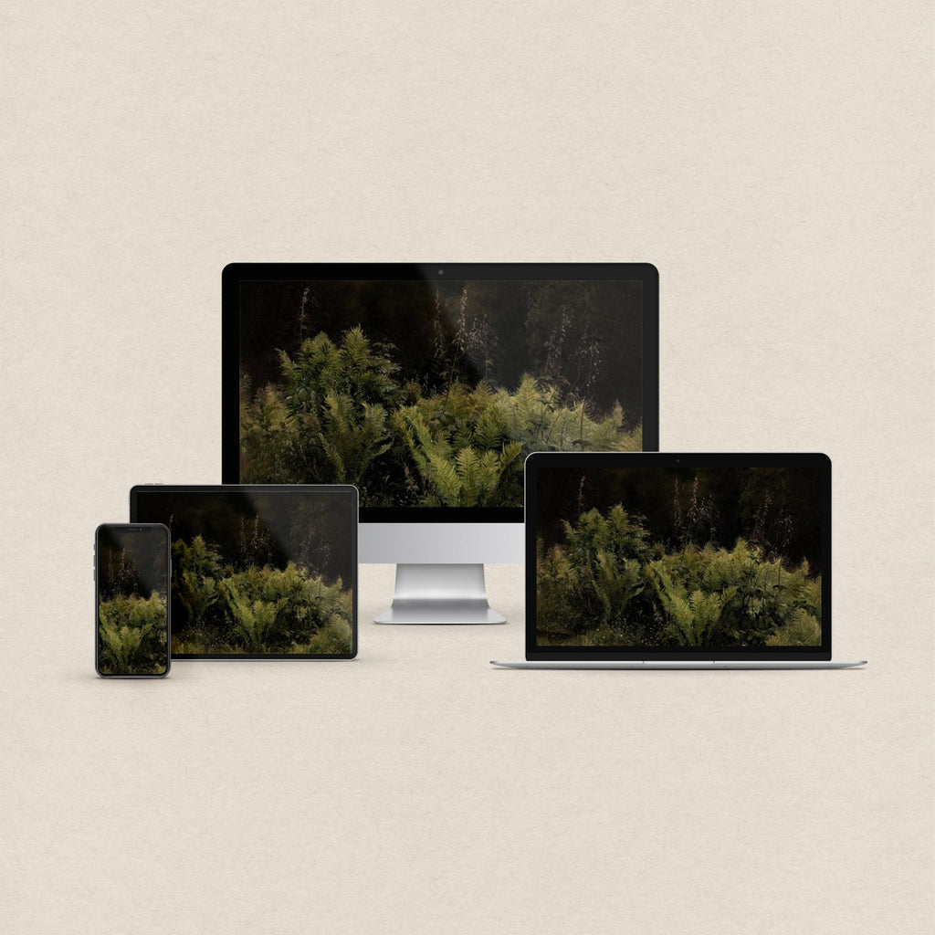 Dark Forest Ferns vintage botanical wallpaper bundle shown for iPhone, iPad, MacBook, and desktop screens.
