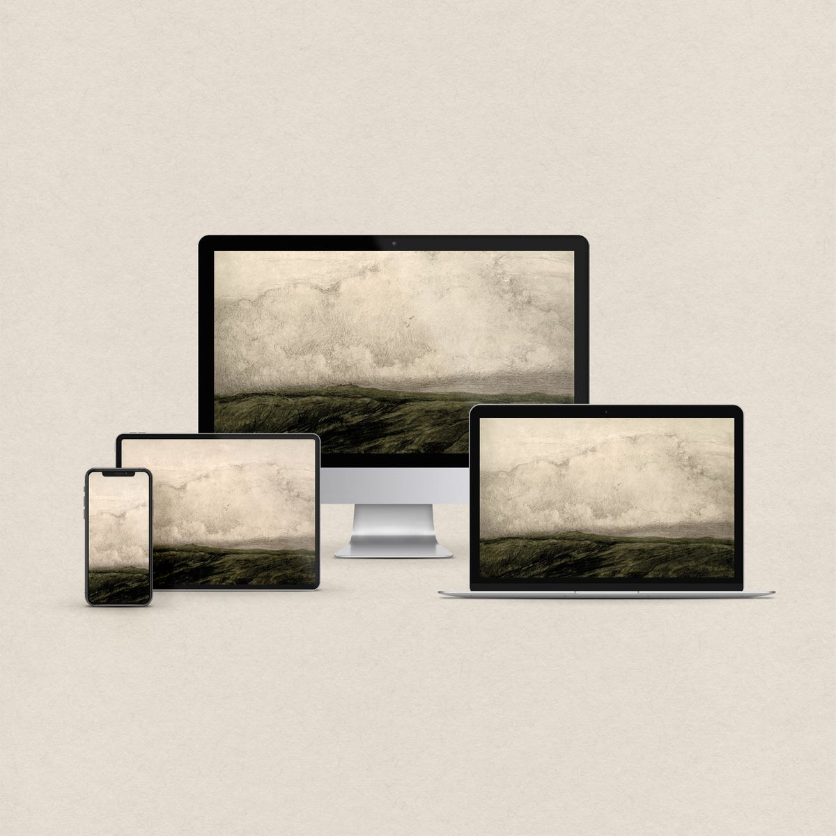 Dark green desktop wallpaper featuring a minimal moody horizon landscape beneath a cloudy overcast sky, with matching device wallpapers