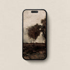 Dark landscape iphone wallpaper aesthetic in minimalist vintage countryside silhouette style.