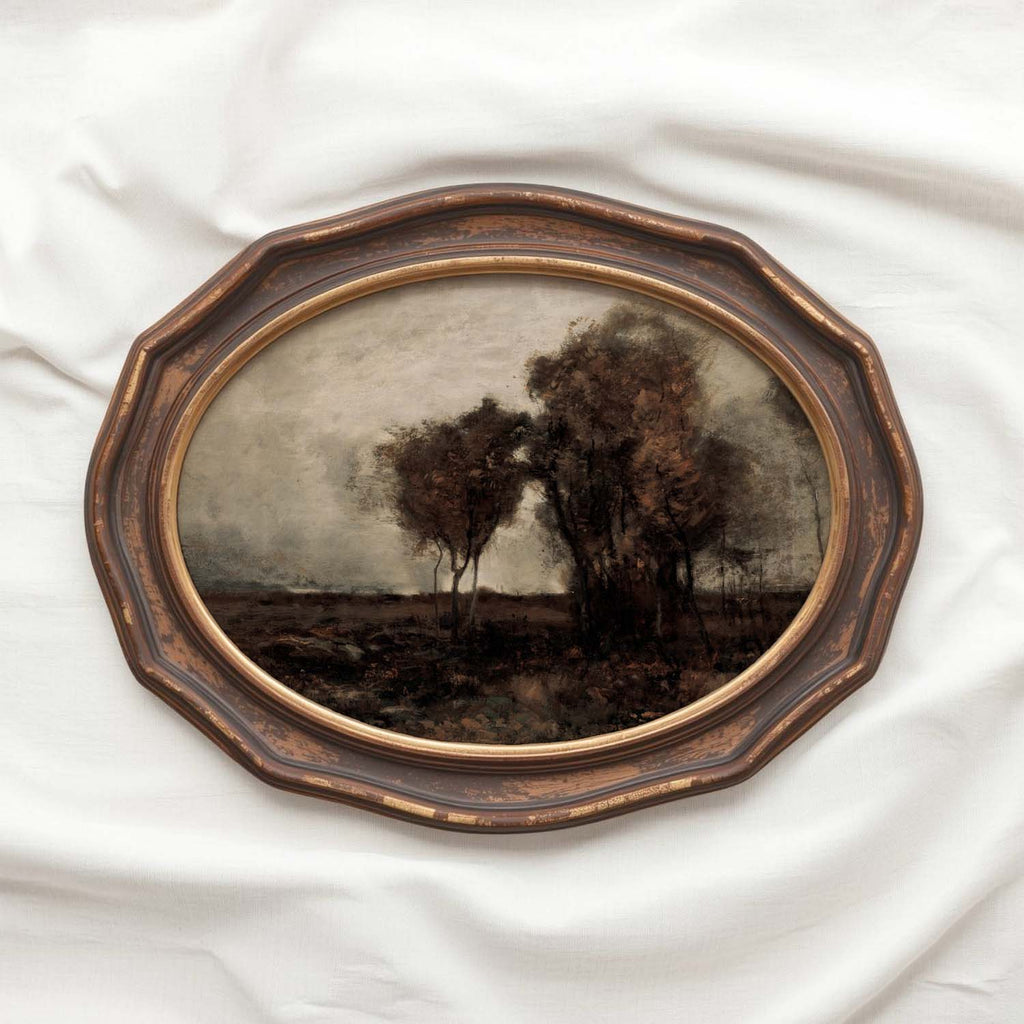 Dark neutral landscape art printable in black and beige tones with minimalist earthy composition and soft lighting.