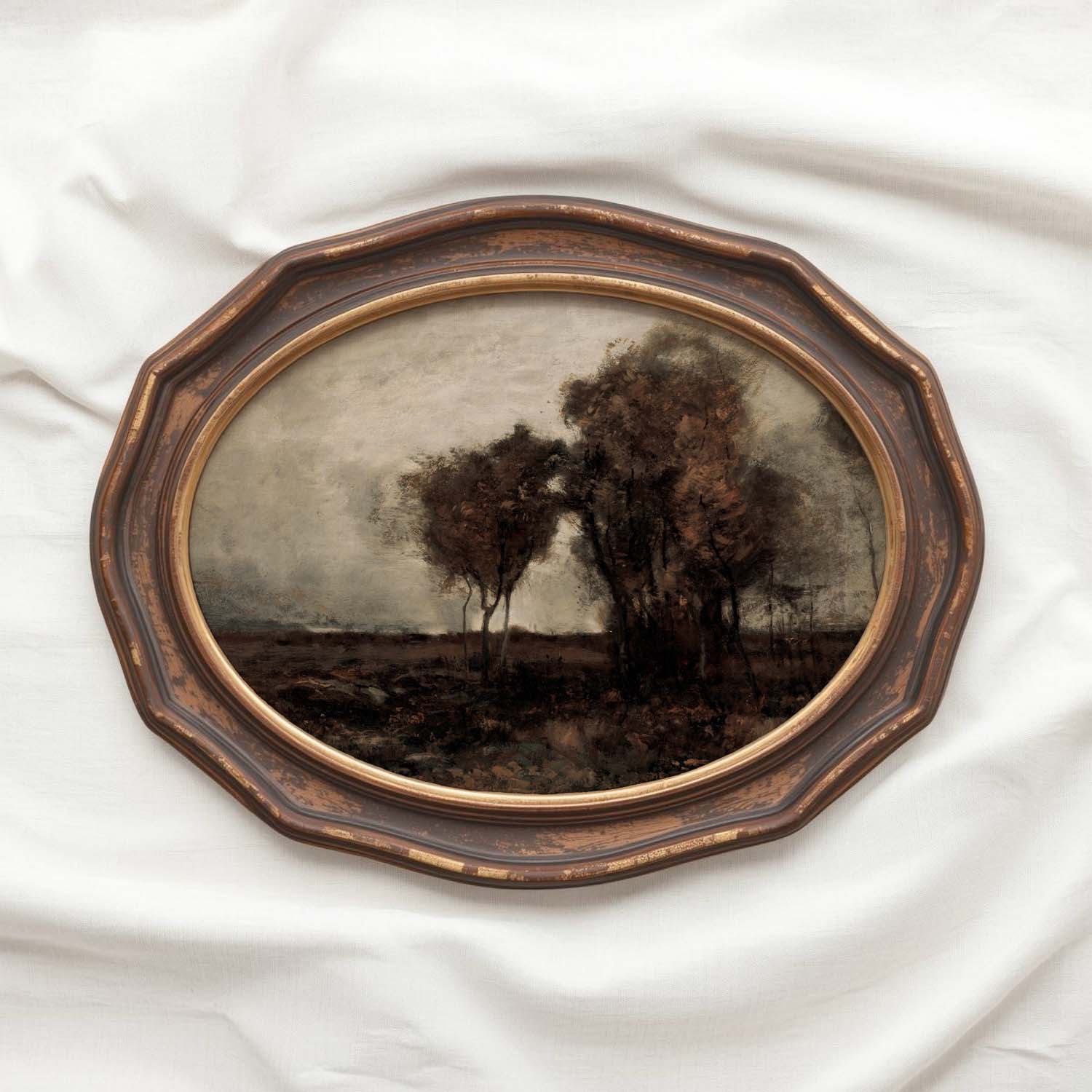 Dark neutral landscape art printable in black and beige tones with minimalist earthy composition and soft lighting.