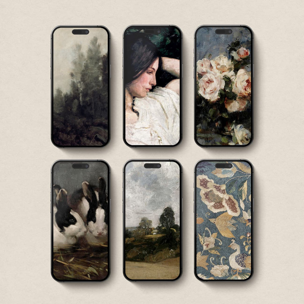 Dark romantic aesthetic iPhone wallpapers featuring six moody vintage artworks