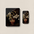 Dark still life cotton iPad wallpaper featuring rustic clay vase and dramatic botanical fine art styling.