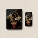 Dark still life cotton iPad wallpaper featuring rustic clay vase and dramatic botanical fine art styling.