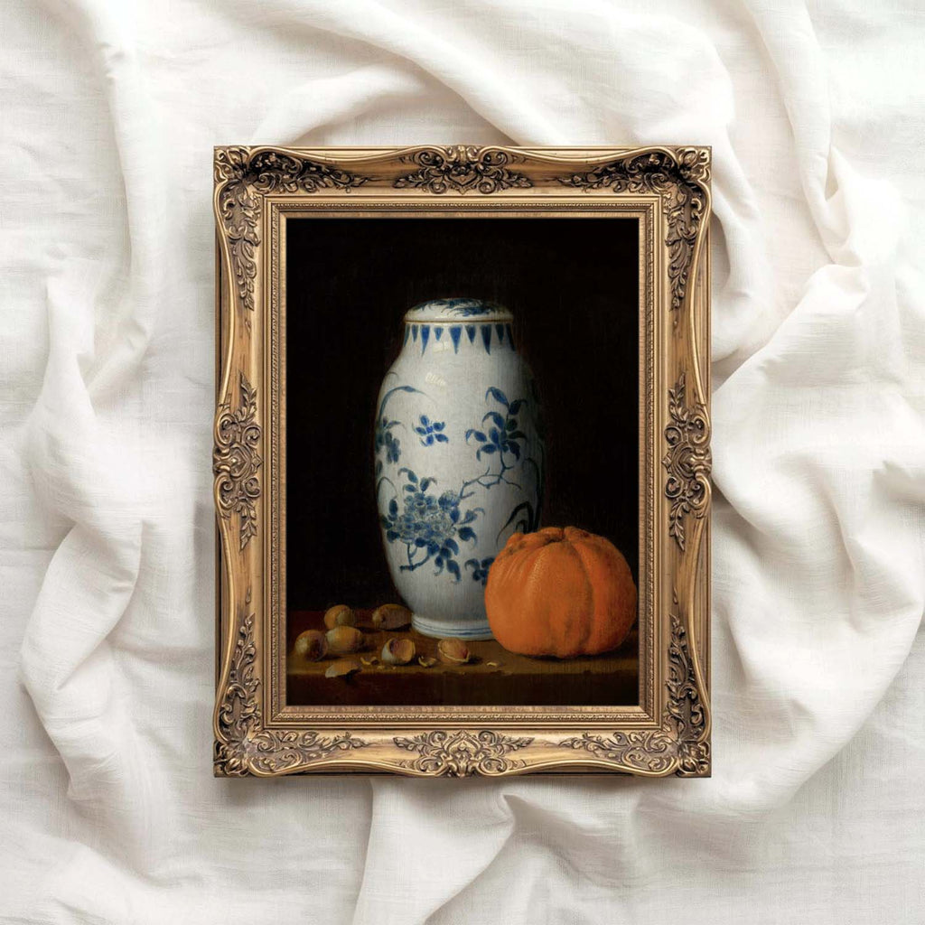 Moody Pumpkin Still Life Wall Art Printable – Vintage Delft Vase Autumn Print (Dark Academia)
