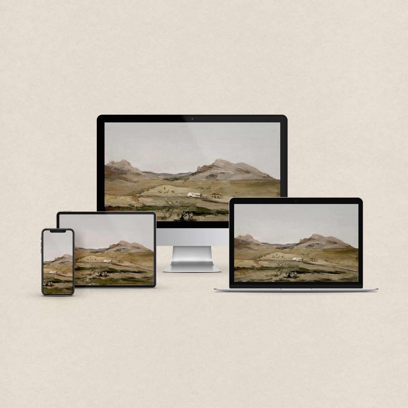 Desert desktop wallpaper featuring a vintage Nevada landscape in warm earthy tones with matching phone, iPad and MacBook wallpapers