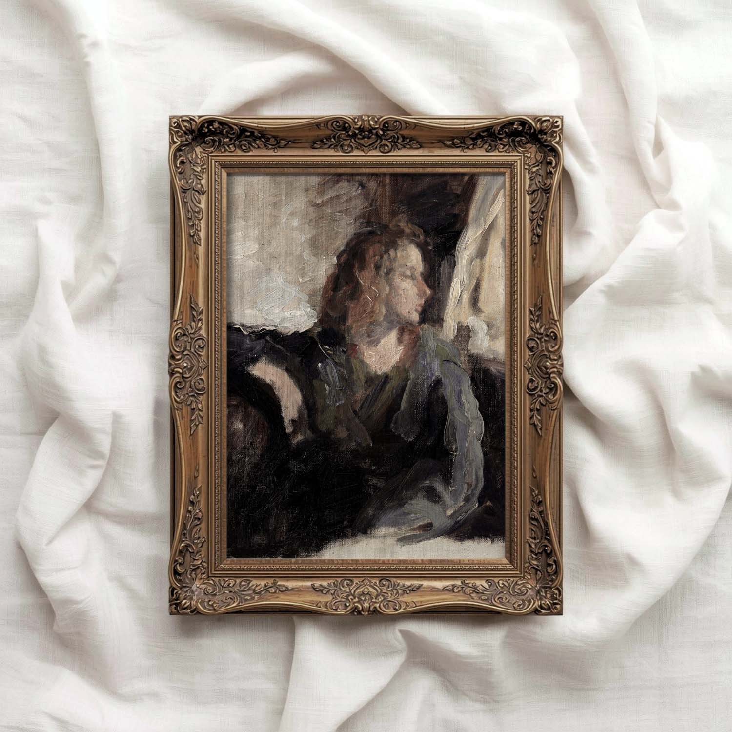 Downloadable art vintage farmhouse portrait printable wall art with rustic portrait and dark academia aesthetic.