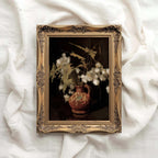 Dramatic floral still life wall art download featuring cotton branches and a rustic clay vase in dark moody lighting.