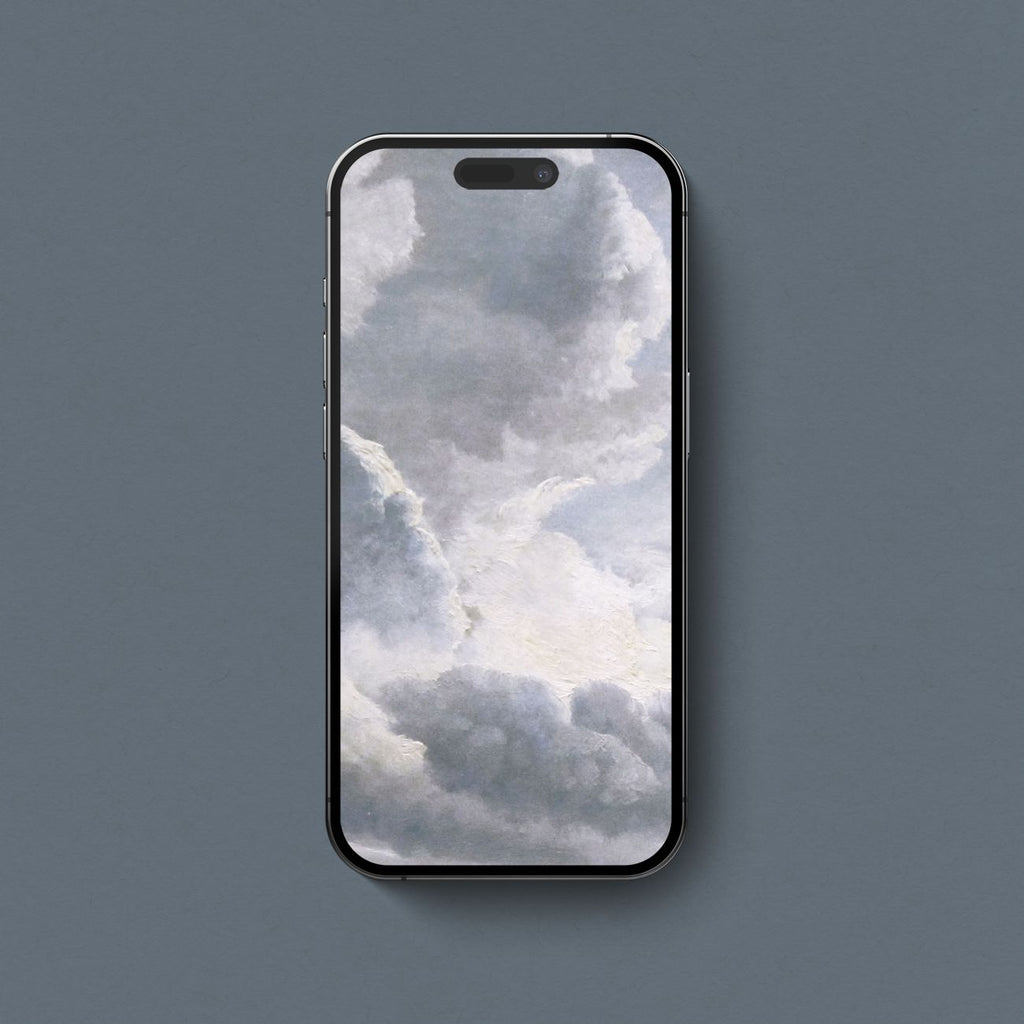 Dreamy blue cloud iPhone wallpaper featuring dramatic soft grey and white vintage clouds