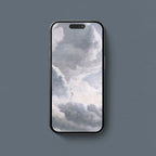 Dreamy blue cloud iPhone wallpaper featuring dramatic soft grey and white vintage clouds