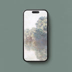 Dreamy pastel landscape iPhone wallpaper with soft blue green trees and atmospheric vintage scenery