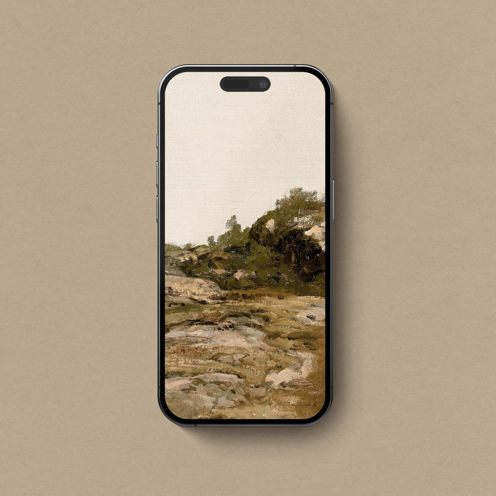 Earth tone iPhone wallpaper featuring a rustic vintage landscape in muted brown, ochre, cream and olive green