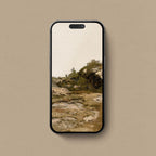 Earth tone iPhone wallpaper featuring a rustic vintage landscape in muted brown, ochre, cream and olive green