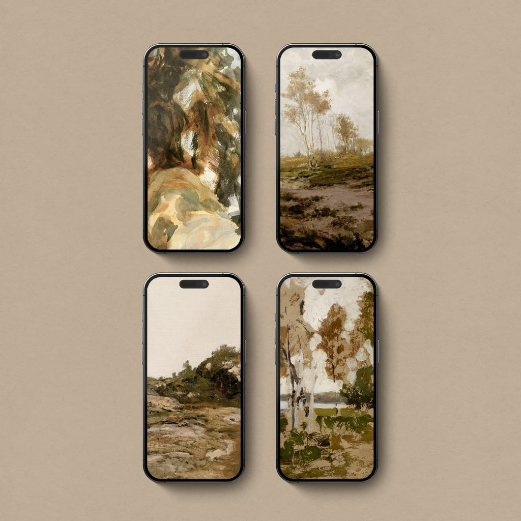 Set of 4 earthy aesthetic iPhone wallpapers featuring vintage landscapes and nature art in warm brown, ochre, cream and olive tones