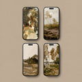 Set of 4 earthy aesthetic iPhone wallpapers featuring vintage landscapes and nature art in warm brown, ochre, cream and olive tones