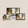 Earthy desktop wallpaper featuring abstract watercolor trees in warm earth tones with matching device wallpapers