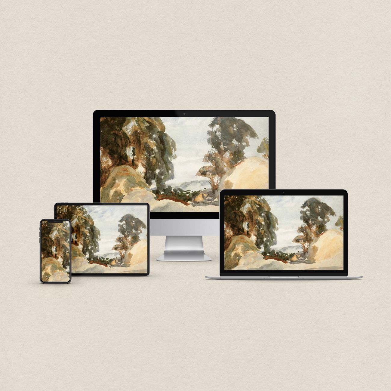 Earthy desktop wallpaper featuring abstract watercolor trees in warm earth tones with matching device wallpapers