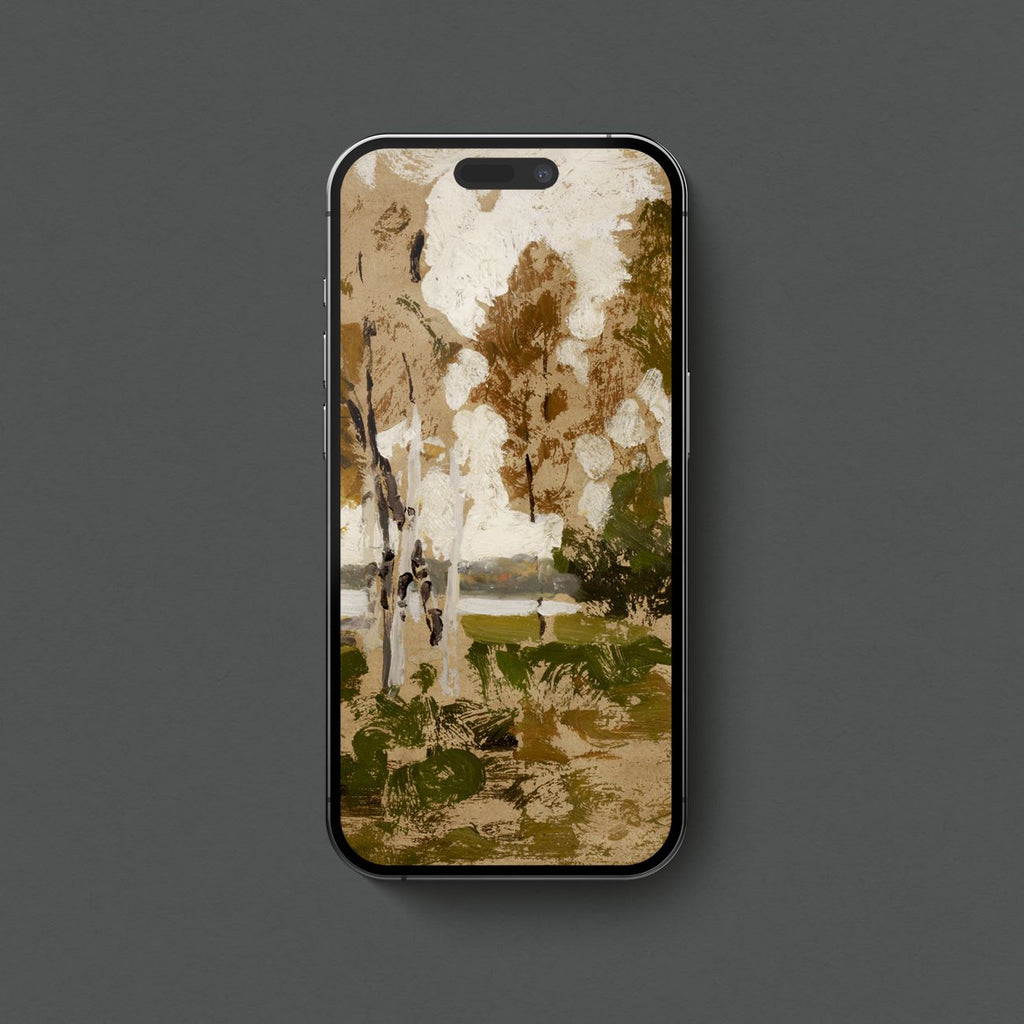Earthy aesthetic iPhone wallpaper featuring an abstract vintage birch tree landscape in warm brown, cream and olive green tones