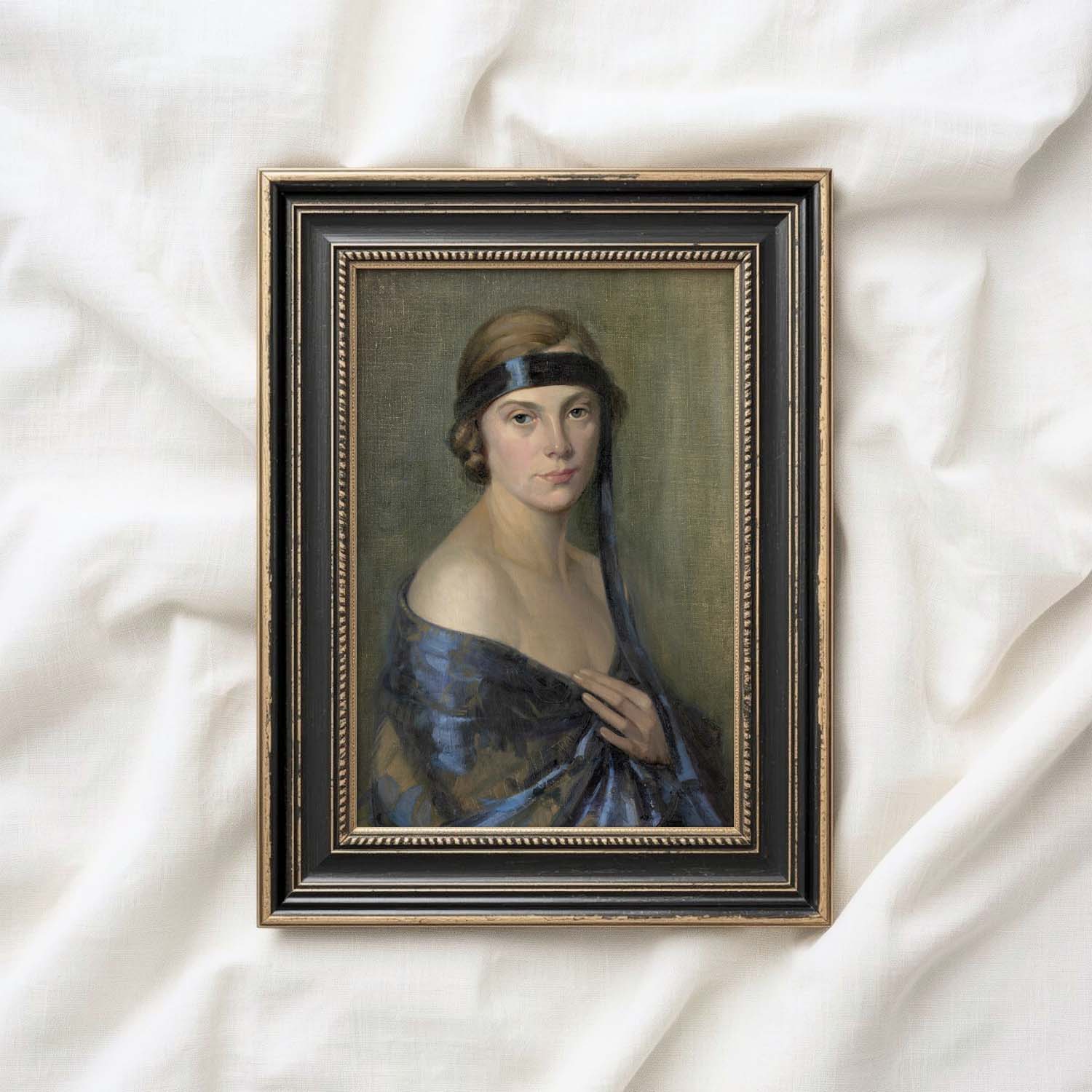 1920s Flapper Portrait Wall Art Printable | Blue Headband Vintage Oil Painting Woman (Digital Download)
