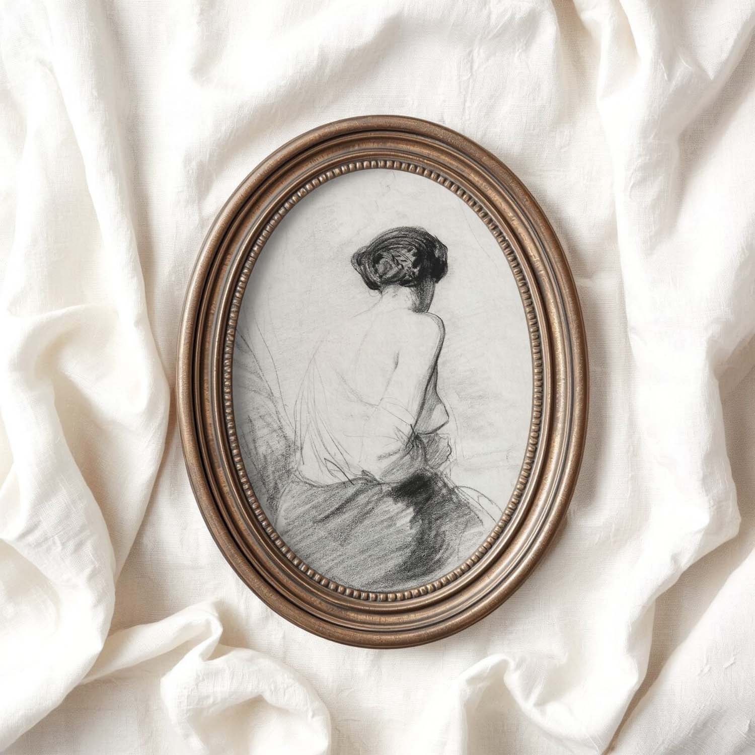 Vintage Woman Back Facing Pencil Sketch Wall Art Printable – Neutral Minimal Portrait Print