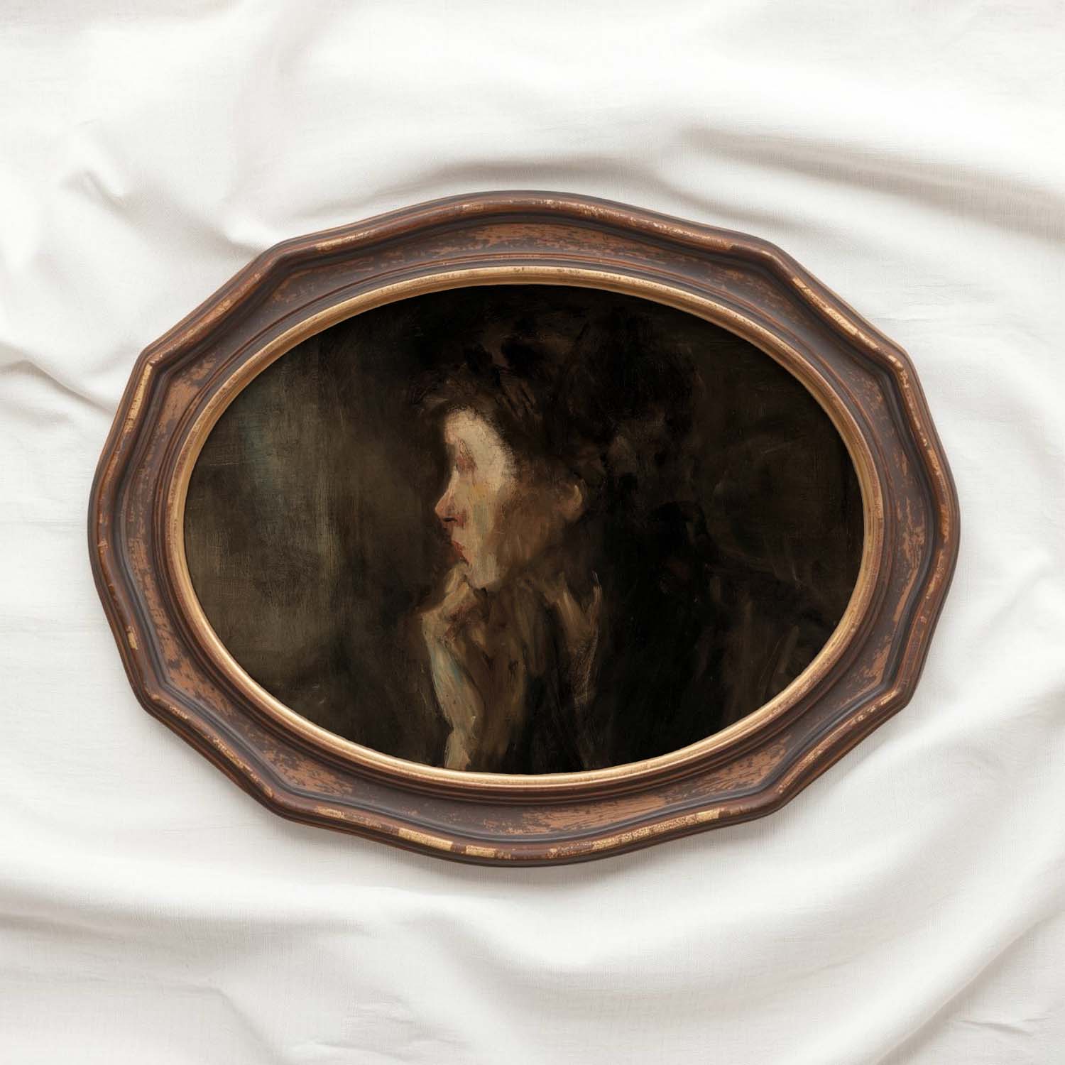 Dark Academia Daydreamer Portrait Wall Art Print – Moody Cinematic Woman Oil Painting (Digital Download)