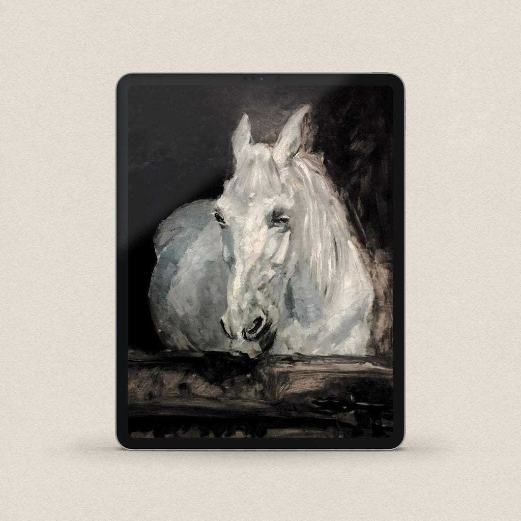 Vintage White Horse iPhone & iPad Wallpaper Set (Dark Academia) — Stable Portrait
