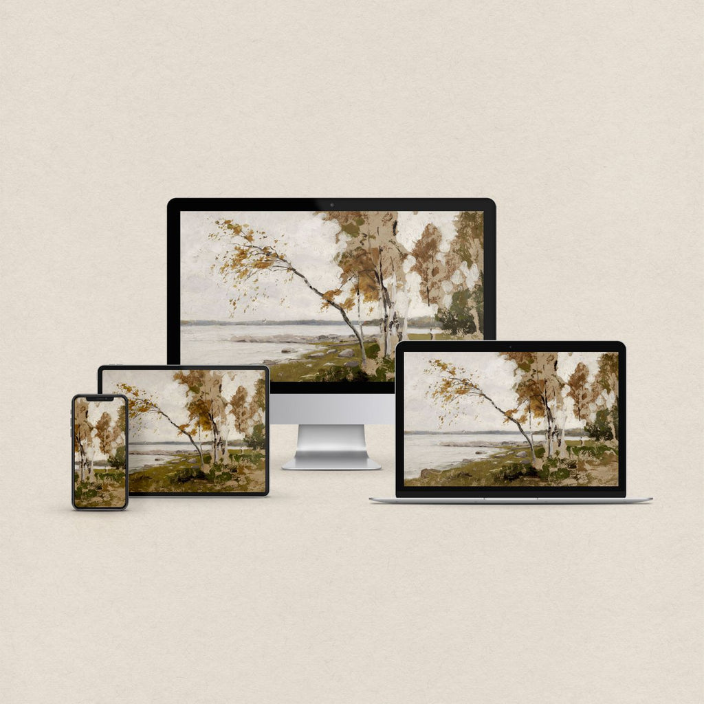 Fall aesthetic desktop wallpaper featuring a muted ochre autumn landscape with matching phone, iPad and MacBook wallpapers