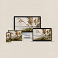 Fall aesthetic desktop wallpaper featuring a muted ochre autumn landscape with matching phone, iPad and MacBook wallpapers