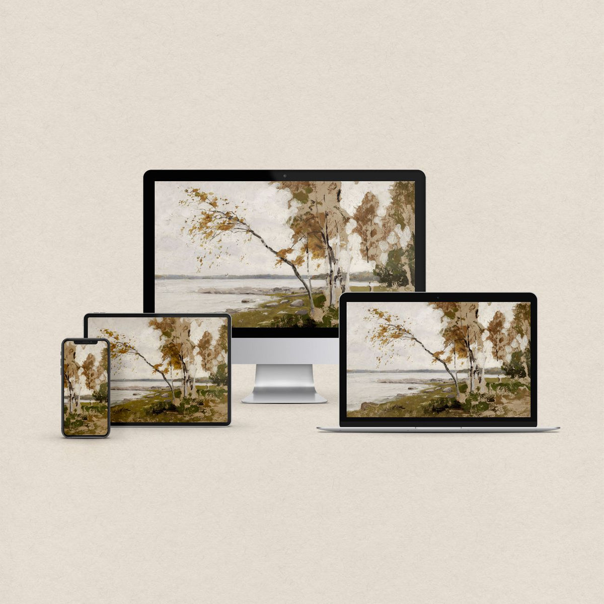 Fall aesthetic desktop wallpaper featuring a muted ochre autumn landscape with matching phone, iPad and MacBook wallpapers