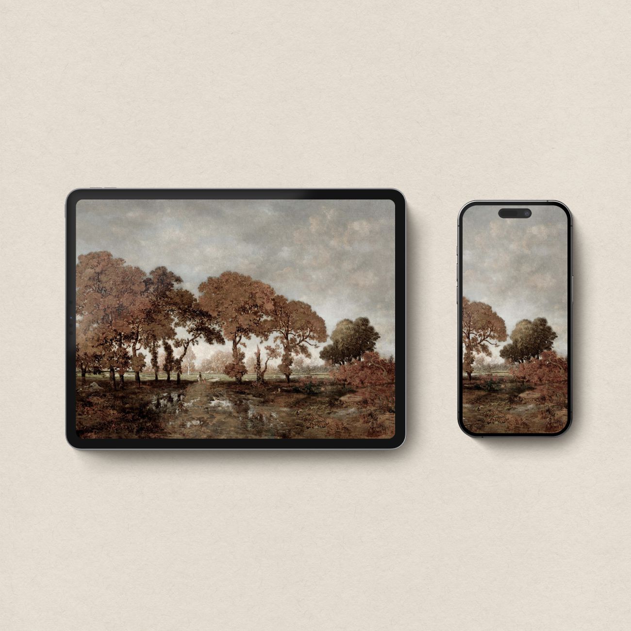 heritage art moody autumn trees wallpaper background for iPad with warm autumn tones.