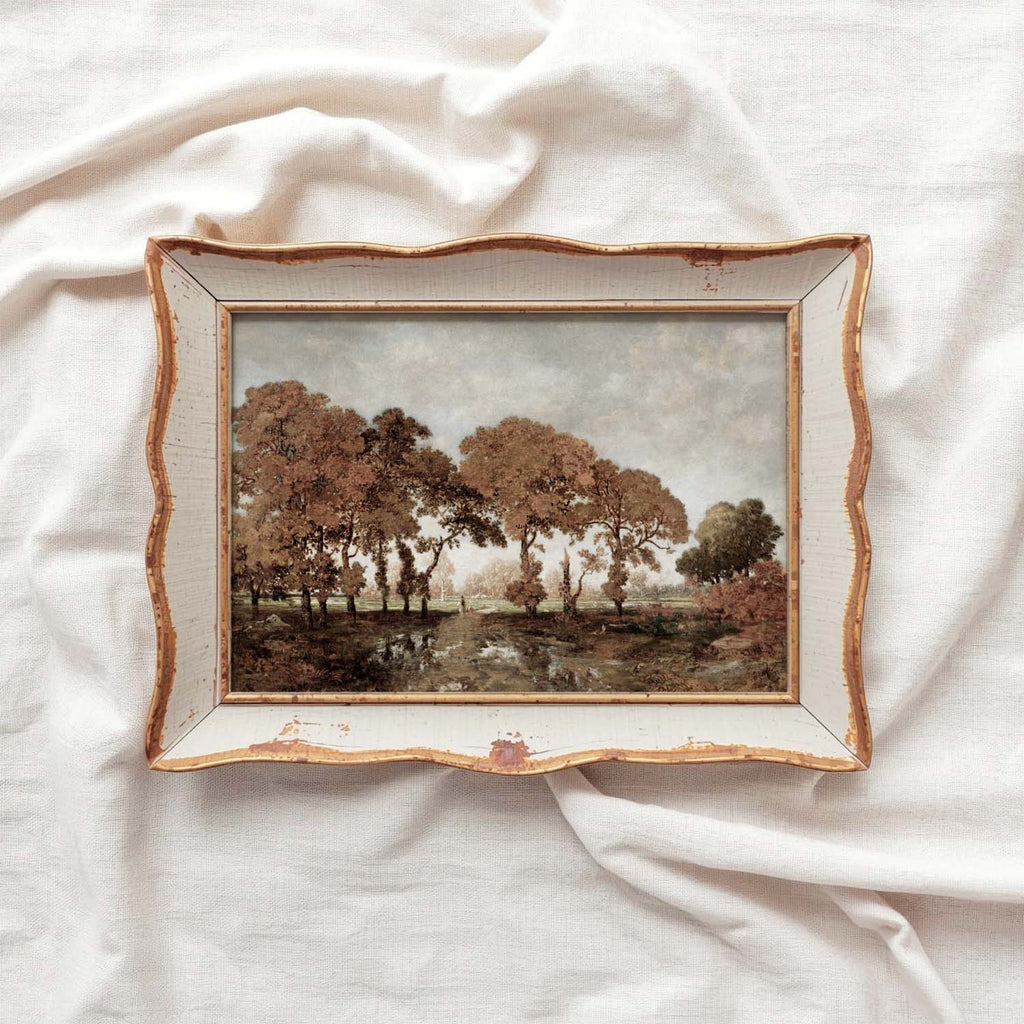 2.	Fall forest trees landscape printable wall art with a moody autumn aesthetic.