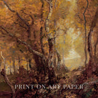 Fall forest vintage art print for autumn cottagecore wall decor with moody pond and trees.