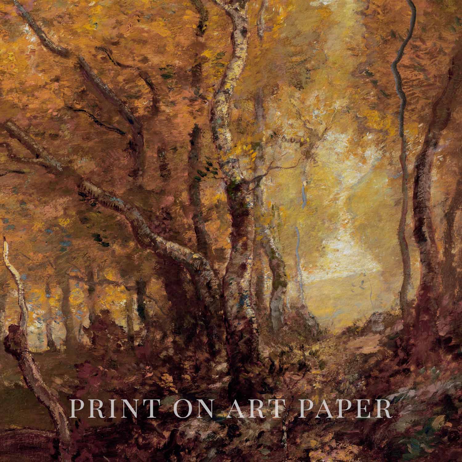 Fall forest vintage art print for autumn cottagecore wall decor with moody pond and trees.
