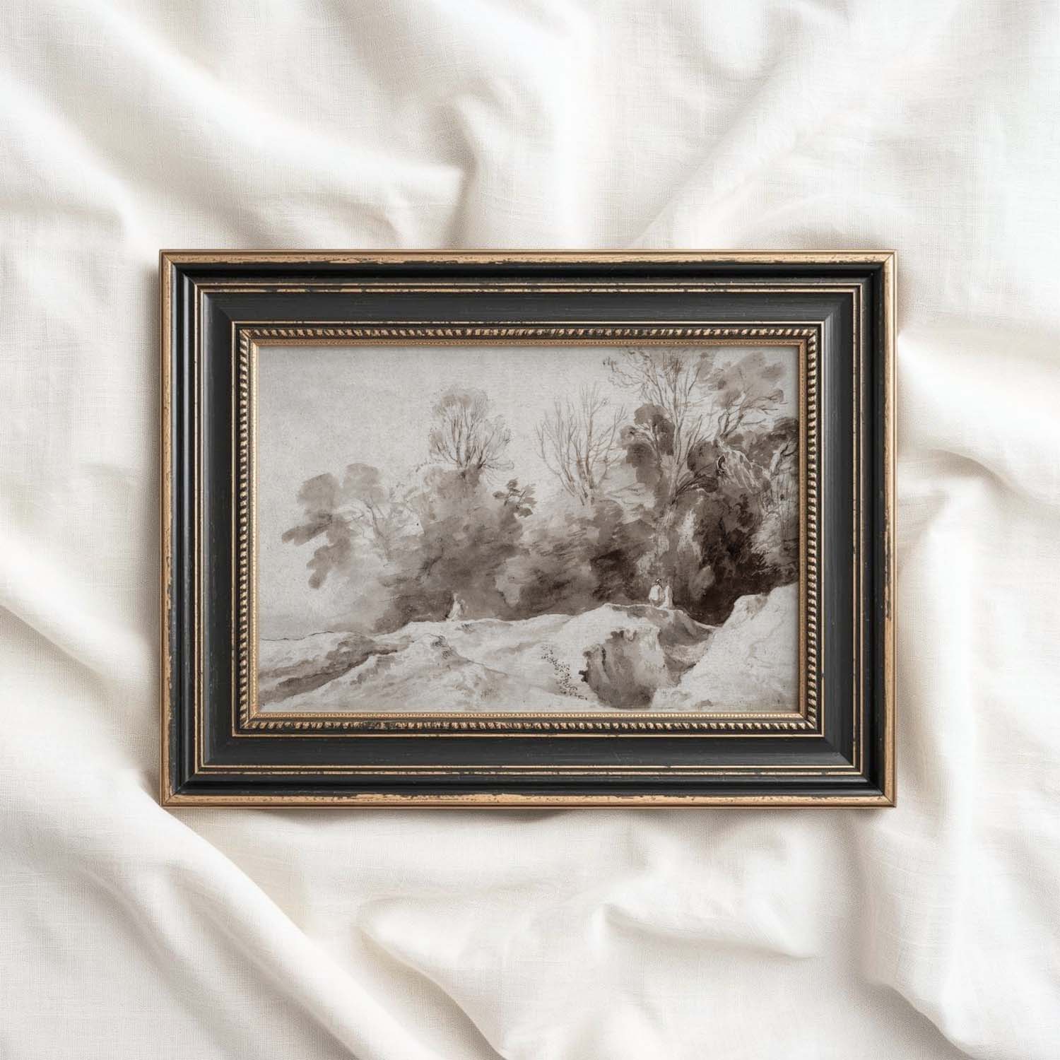 Muted Brown European Landscape Wall Art Printable – Neutral Woodland Forest Print