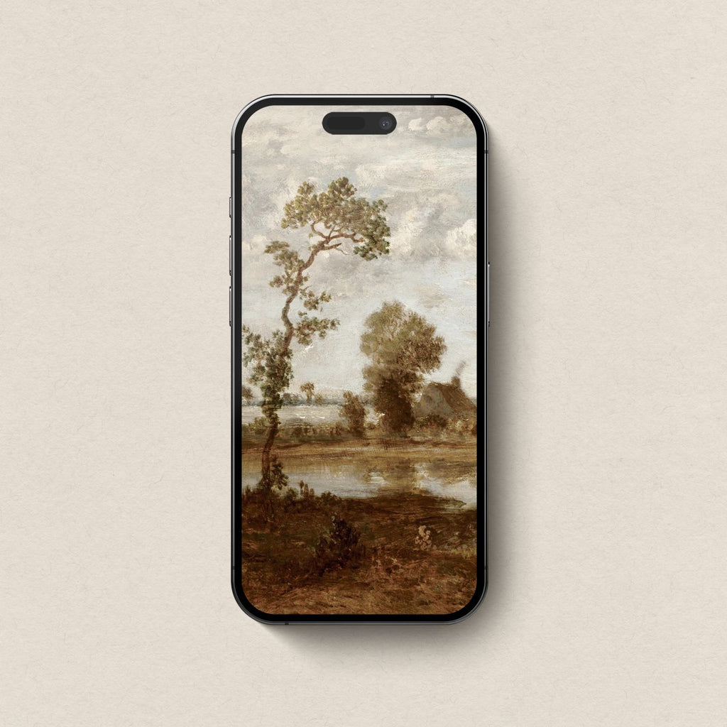 Fall Lake vintage muted iPhone wallpaper displayed as an elegant lock screen with sepia landscape tones.