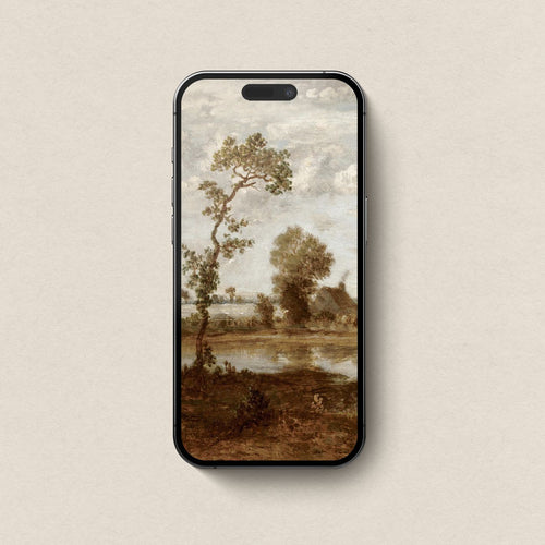 Fall Lake vintage muted iPhone wallpaper displayed as an elegant lock screen with sepia landscape tones.