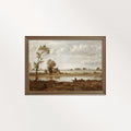 Fall Lake Muted Landscape vintage sepia printable wall art with yellow ochre and muted grey lake tones.