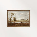 Fall Lake Muted Landscape vintage sepia printable wall art with yellow ochre and muted grey lake tones.