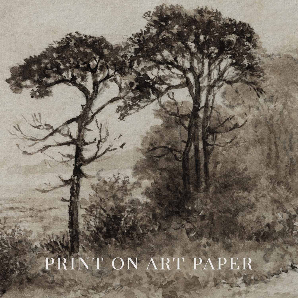 Dark Academia Autumn Landscape Wall Art Printable | Antique Watercolor Neutral Beige Tree Print