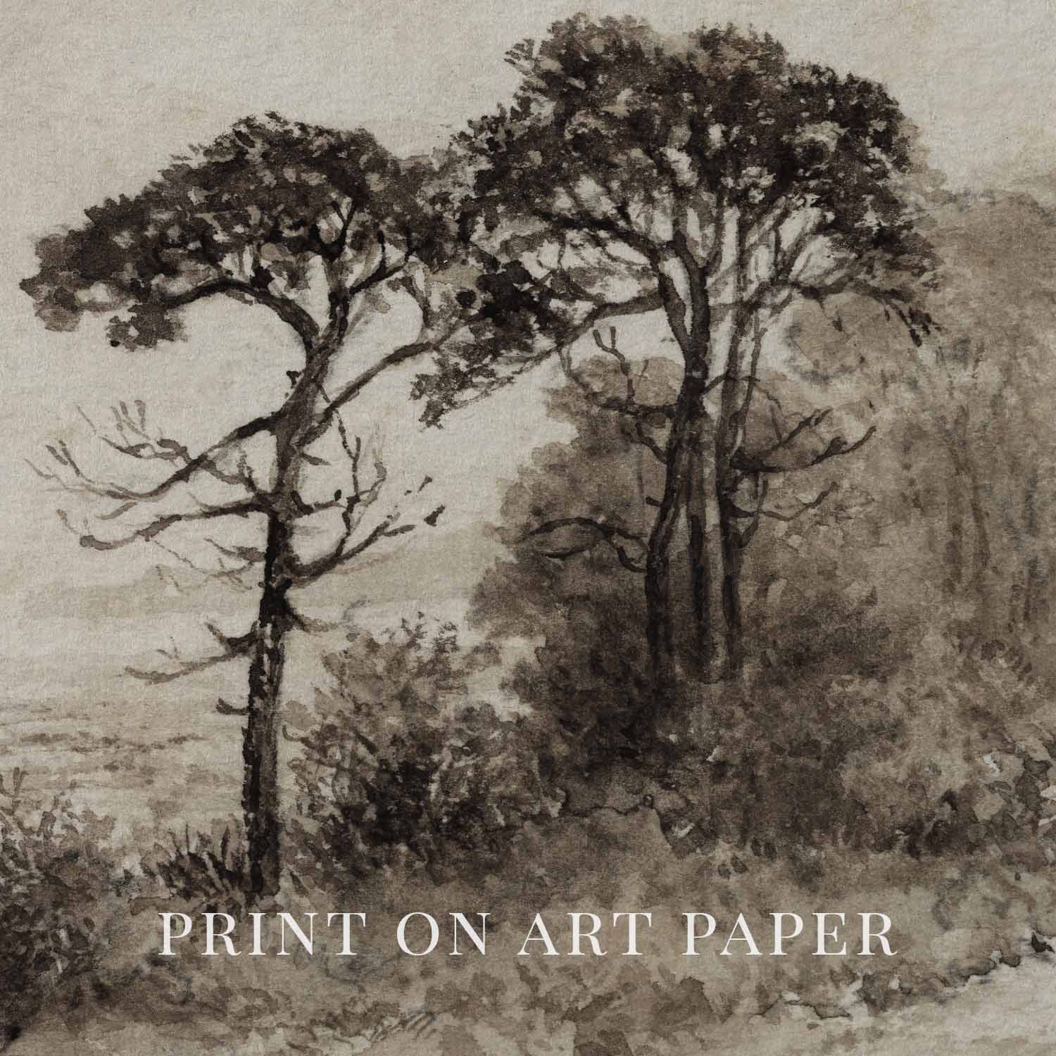 Dark Academia Autumn Landscape Wall Art Printable | Antique Watercolor Neutral Beige Tree Print
