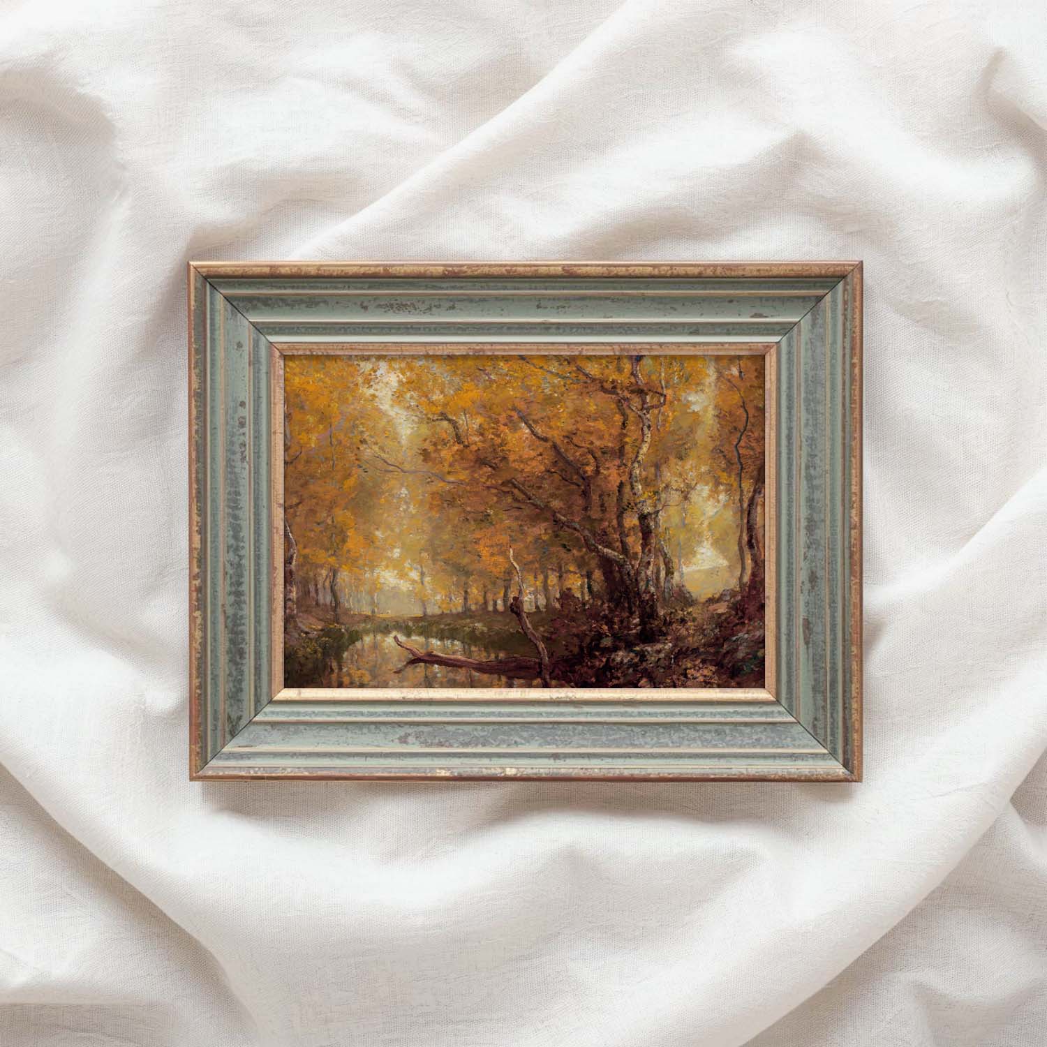 Fall trees and forest pond printable wall art in a vintage autumn forest style.