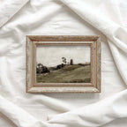 Farmhouse wall art print featuring an expressive olive green country landscape