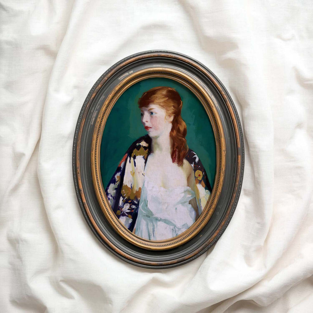Parisian Vintage Portrait Wall Art Print – Emerald Green Fashion Oil Painting (Digital Download)