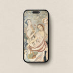Feminine vintage art iPhone wallpaper featuring women in soft blush blue and cream pastel tones