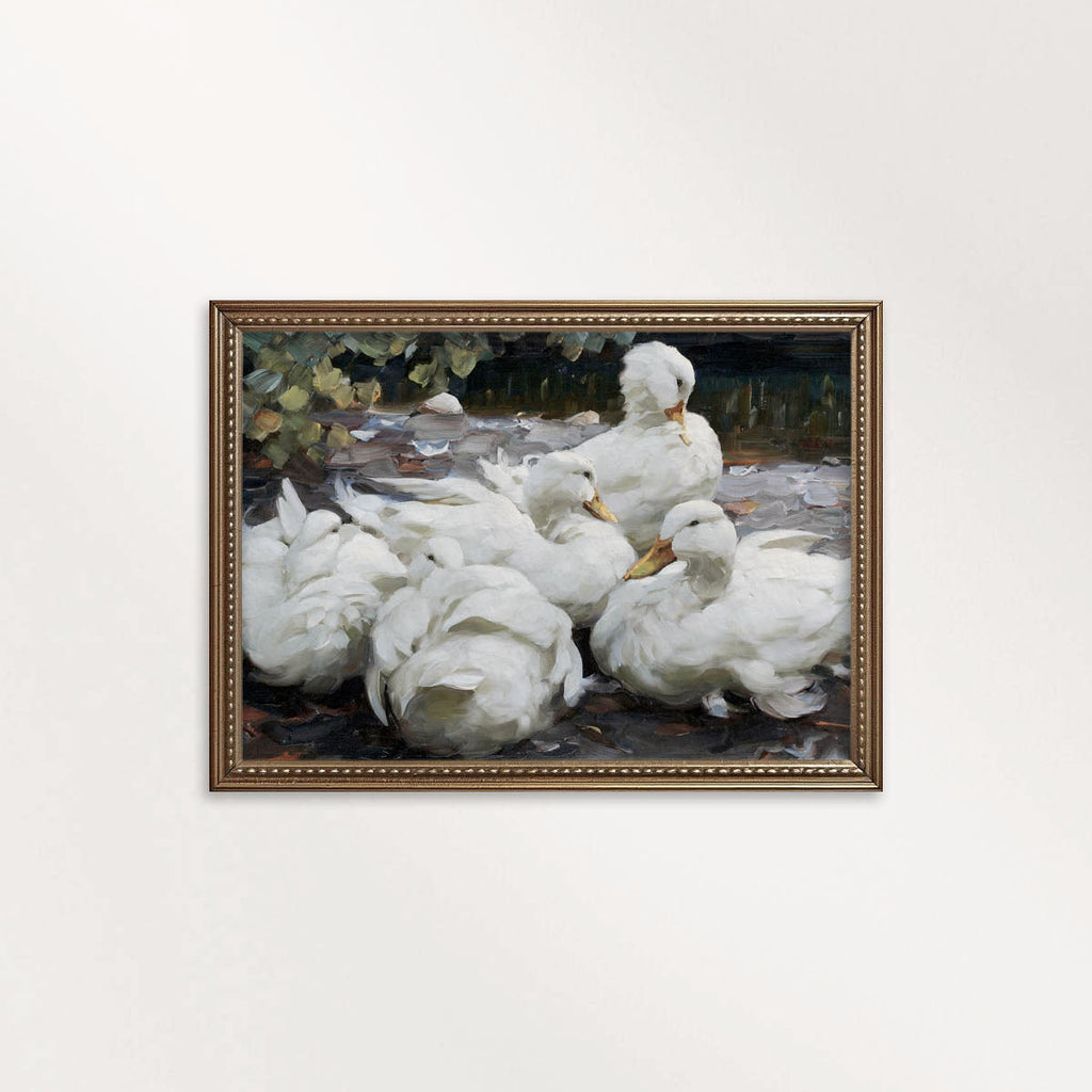 Five White Ducks Bird Print Digital Download (Antique Farmhouse Oil Painting Wall Art)