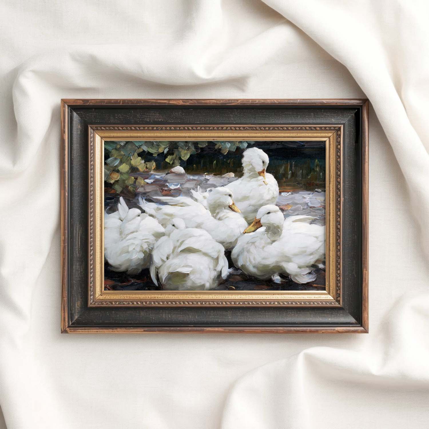 Five White Ducks Bird Print Digital Download (Antique Farmhouse Oil Painting Wall Art)