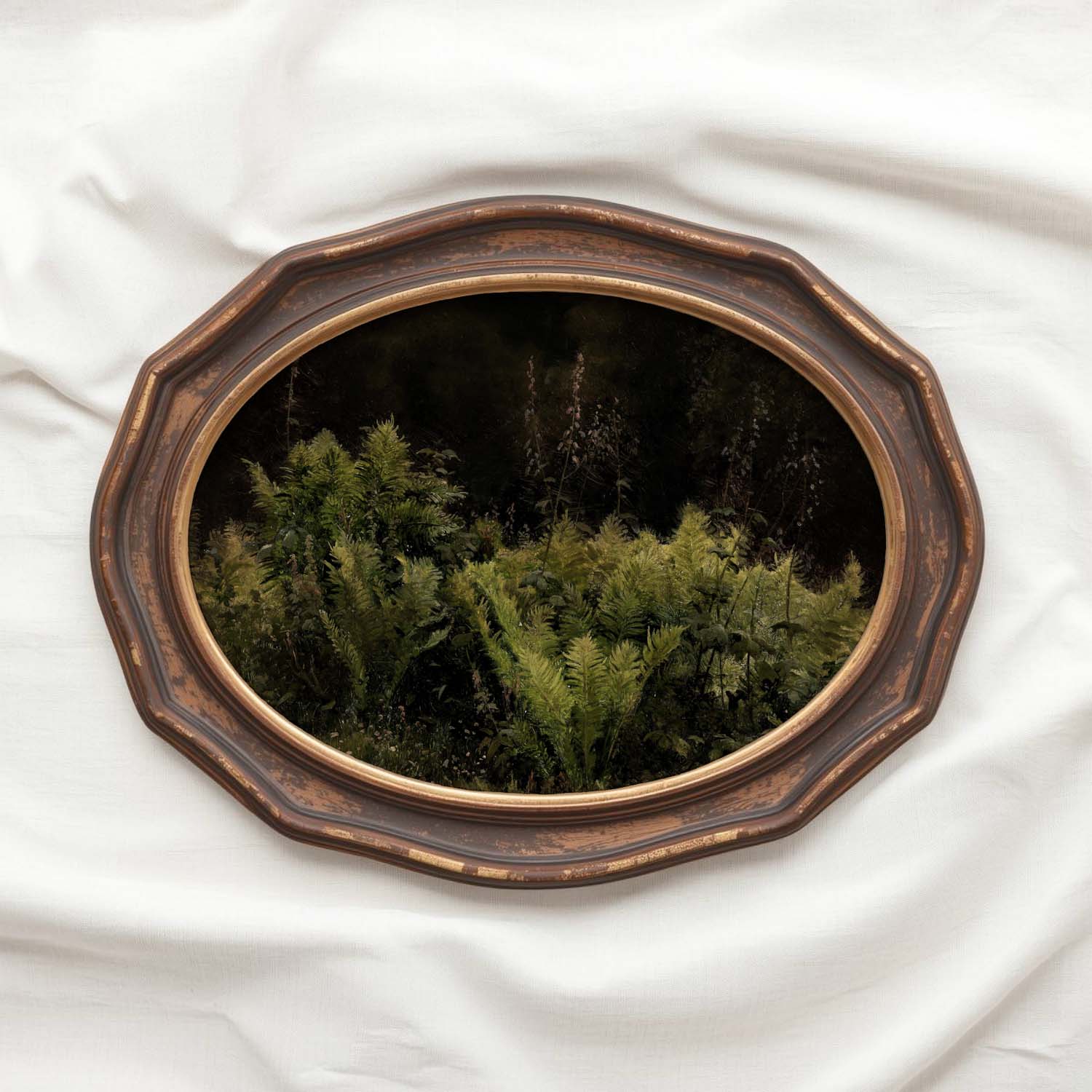 Forest botanical oil painting in old-world style with moody fern foliage and timeless vintage appeal.