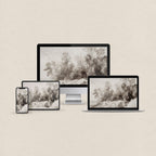 Muted brown forest desktop wallpaper featuring a soft woodland landscape with matching phone, iPad and MacBook wallpapers